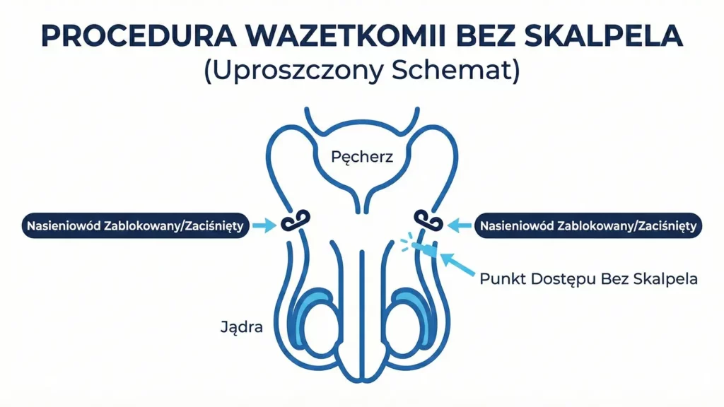 Schemat zabiegu wazektomii bez skalpela – uproszczona infografika medyczna przedstawiająca zablokowanie nasieniowodów.